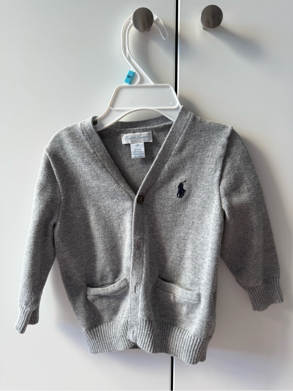 Ralph Lauren Toddler Light Gray Knit V-Neck Cardigan with Navy Pony